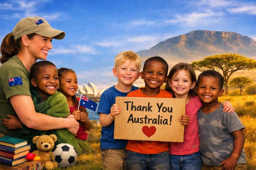 Children and supporters holding a Thank You Australia sign, connecting Australia and South Africa
