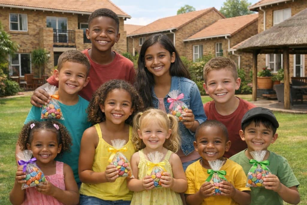 Children smiling together, holding sweet gift bags